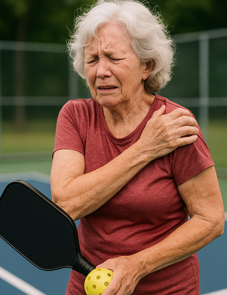 Susan experiencing shoulder pain on pickleball court